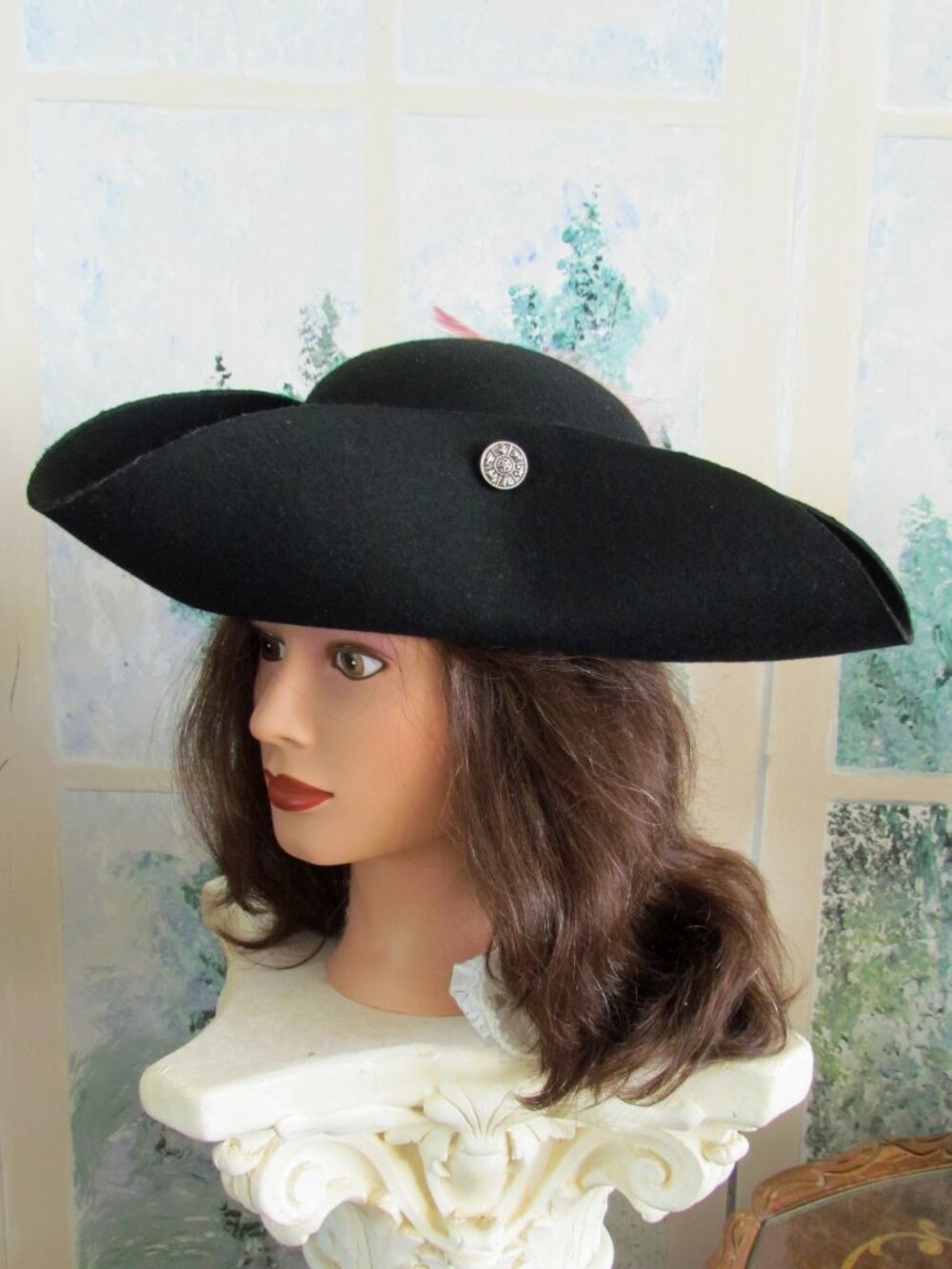 PIRATE HAT, BLACK WOOL, PINK PLUME, METAL ACCENTS, PIRATE WENCH PARTY COSTUME